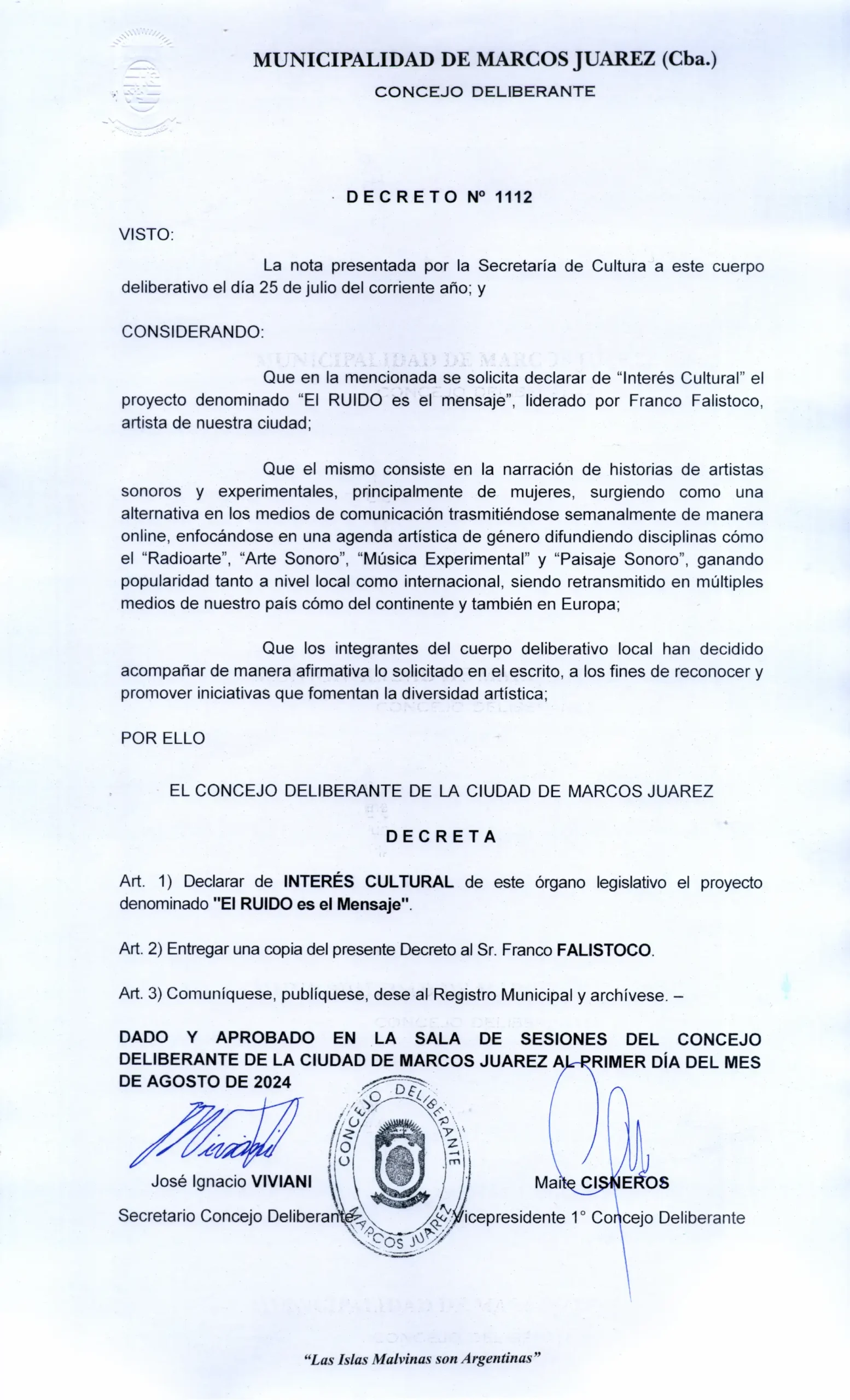 El RUIDO es el Mensaje | 2024 Decreto nª 1112 de Interés Cultural, consejo Deliberante Marcos Juárez